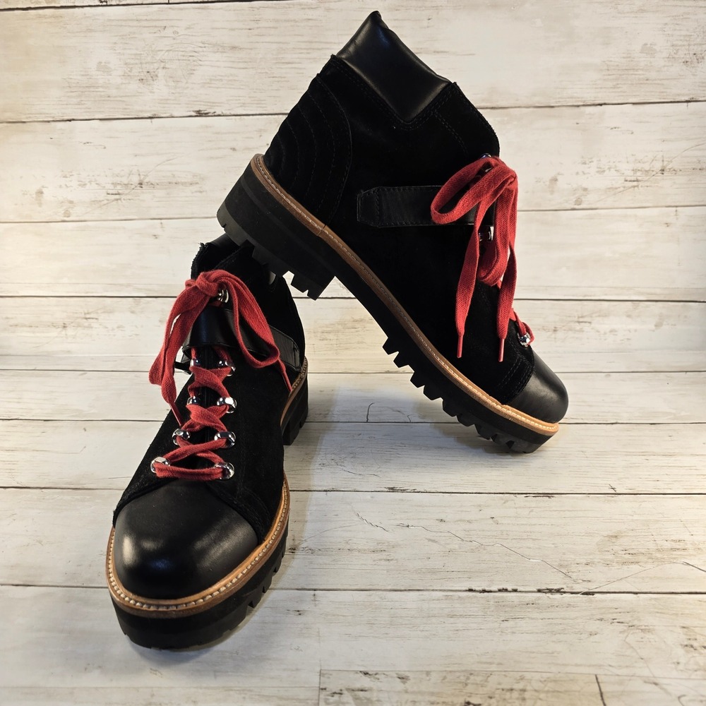 Marc Fisher LTD MLINDRE Black Suede Leather Hiking Boots Red Laces Buckle 9.5 M